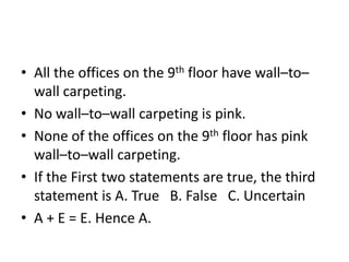 • All the offices on the 9th floor have wall–to–
wall carpeting.
• No wall–to–wall carpeting is pink.
• None of the offices on the 9th floor has pink
wall–to–wall carpeting.
• If the First two statements are true, the third
statement is A. True B. False C. Uncertain
• A + E = E. Hence A.
 