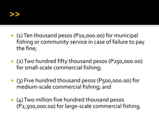  (1)Ten thousand pesos (P10,000.00) for municipal
fishing or community service in case of failure to pay
the fine;
 (2)Two hundred fifty thousand pesos (P250,000.00)
for small-scale commercial fishing;
 (3) Five hundred thousand pesos (P500,000.00) for
medium-scale commercial fishing; and
 (4)Two million five hundred thousand pesos
(P2,500,000.00) for large-scale commercial fishing.
 