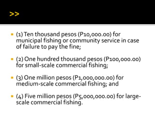  (1)Ten thousand pesos (P10,000.00) for
municipal fishing or community service in case
of failure to pay the fine;
 (2) One hundred thousand pesos (P100,000.00)
for small-scale commercial fishing;
 (3) One million pesos (P1,000,000.00) for
medium-scale commercial fishing; and
 (4) Five million pesos (P5,000,000.00) for large-
scale commercial fishing.
 