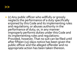  (c)Any public officer who willfully or grossly
neglects the performance of a duty specifically
enjoined by this Code and its implementing rules
and regulations; or abuses authority in the
performance of duty; or, in any manner
improperly performs duties under this Code and
its implementing rules and regulations:
Provided, however,That no suit can be filed until
after fifteen (15) days notice has been given the
public officer and the alleged offender and no
appropriate action has been taken thereon.
 