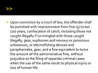  Upon conviction by a court of law, the offender shall
be punished with imprisonment from five (5) to ten
(10) years, confiscation of catch, including those not
caught illegally if co-mingled with those caught
illegally, gear, explosives and noxious or poisonous
substances, or electrofishing devices and
paraphernalia, gear, and a fine equivalent to twice
the amount of the administrative fine, without
prejudice to the filing of separate criminal cases
when the use of the same result to physical injury or
loss of human life.
 