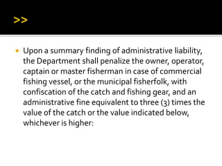  Upon a summary finding of administrative liability,
the Department shall penalize the owner, operator,
captain or master fisherman in case of commercial
fishing vessel, or the municipal fisherfolk, with
confiscation of the catch and fishing gear, and an
administrative fine equivalent to three (3) times the
value of the catch or the value indicated below,
whichever is higher:
 