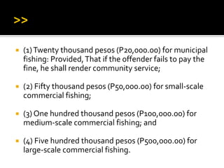  (1)Twenty thousand pesos (P20,000.00) for municipal
fishing: Provided,That if the offender fails to pay the
fine, he shall render community service;
 (2) Fifty thousand pesos (P50,000.00) for small-scale
commercial fishing;
 (3) One hundred thousand pesos (P100,000.00) for
medium-scale commercial fishing; and
 (4) Five hundred thousand pesos (P500,000.00) for
large-scale commercial fishing.
 