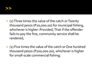  (1)Three times the value of the catch orTwenty
thousand pesos (P20,000.00) for municipal fishing,
whichever is higher: Provided,That if the offender
fails to pay the fine, community service shall be
rendered;
 (2) Five times the value of the catch or One hundred
thousand pesos (P100,000.00), whichever is higher
for small-scale commercial fishing;
 