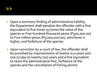  Upon a summary finding of administrative liability,
the Department shall penalize the offender with a fine
equivalent to five times (5) times the value of the
species or Five hundred thousand pesos (P500,000.00)
to Five million pesos (P5,000,000.00), whichever is
higher, and forfeiture of the species.
 Upon conviction by a court of law, the offender shall
be punished by imprisonment of twelve (12) years and
one (1) day to twenty (20) years and a fine equivalent
to twice the administrative fine, forfeiture of the
species and the cancellation of fishing permit.
 