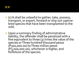  (c) It shall be unlawful to gather, take, possess,
transport, or export, forward or ship out captive-
bred species that have been transplanted to the
wild.
 Upon a summary finding of administrative
liability, the offender shall be penalized with a
fine equivalent to three (3) times the value of the
species orThree hundred thousand pesos
(P300,000.00) toThree million pesos
(P3,000,000.00), whichever is higher, and
forfeiture of the species.
 