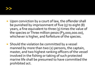  Upon conviction by a court of law, the offender shall
be punished by imprisonment of five (5) to eight (8)
years, a fine equivalent to three (3) times the value of
the species orThree million pesos (P3,000,000.00),
whichever is higher, and forfeiture of the species.
 Should the violation be committed by a vessel
manned by more than two (2) persons, the captain,
master, and two highest ranking officers of the vessel
involved in the fishing or taking of such protected
marine life shall be presumed to have committed the
prohibited act.
 