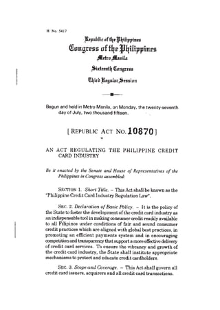 RA 10870 Philippine Credit Card Industry Regulation Law