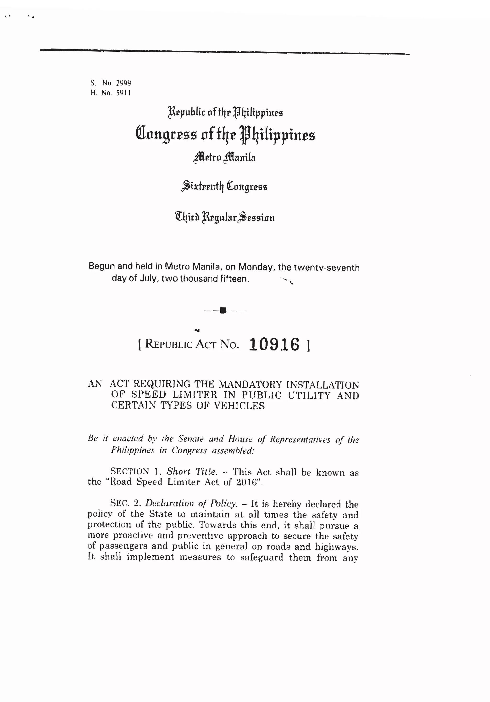 RA10916 Road Speed Limiter Act 2016 PDF