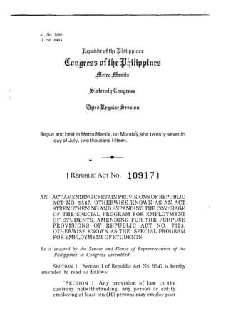 RA 10917 - Amending RA 9547 Special Program for Employment of Students