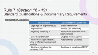 1 3
Rule 7 (Section 16 - 19)
Standard Qualifications & Documentary Requirements
Qualifications Documentary Requirements
- Legal Age (18 as per RA6809) - Birth Cert from PSA
- Filipino citizen - Medical Cert (fit to work)
- Physically & mentally fit - Neuro-Psych evaluation result
(recommended)
- Good moral character - Drug test result (negative)
- Must not been convicted of a
crime or offense involving moral
turpitude
- National Police Clearance
- Must have completed the
necessary PLTP
- Certificate of completion of PLTP
For NEW LESP Applications
P A G E
 
