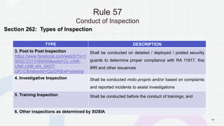 4 6
Rule 57
Conduct of Inspection
Section 262: Types of Inspection
TYPE DESCRIPTION
3. Post to Post Inspection
https://www.facebook.com/watch/?v=1
905272313169009&extid=CL-UNK-
UNK-UNK-AN_GK0T-
GK1C&mibextid=l2pjGR&ref=sharing
Shall be conducted on detailed / deployed / posted security
guards to determine proper compliance with RA 11917, this
IRR and other issuances
4. Investigative Inspection Shall be conducted moto proprio and/or based on complaints
and reported incidents to assist investigations
5. Training Inspection Shall be conducted before the conduct of trainings; and
6. Other inspections as determined by SOSIA
P A G E
 