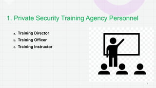 1. Private Security Training Agency Personnel
a. Training Director
b. Training Officer
c. Training Instructor
7 8
P A G E
 