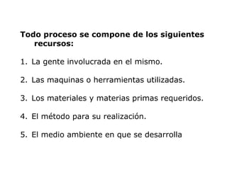 Todo proceso se compone de los siguientes
recursos:
1. La gente involucrada en el mismo.
2. Las maquinas o herramientas utilizadas.
3. Los materiales y materias primas requeridos.
4. El método para su realización.
5. El medio ambiente en que se desarrolla
 