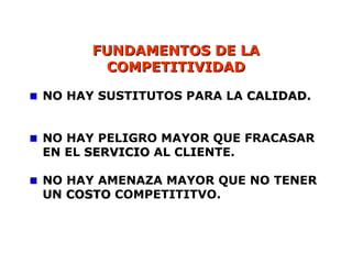 FUNDAMENTOS DE LA
FUNDAMENTOS DE LA
COMPETITIVIDAD
COMPETITIVIDAD
NO HAY SUSTITUTOS PARA LA CALIDAD.
CALIDAD.
NO HAY PELIGRO MAYOR QUE FRACASAR
EN EL SERVICIO
SERVICIO AL CLIENTE.
NO HAY AMENAZA MAYOR QUE NO TENER
UN COSTO
COSTO COMPETITITVO.
 