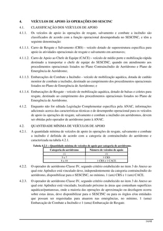4.       VEÍCULOS DE APOIO ÀS OPERAÇÕES DO SESCINC
4.1.     CLASSIFICAÇÃO DOS VEÍCULOS DE APOIO
4.1.1.   Os veículos de apoio às operações de resgate, salvamento e combate a incêndio são
         classificados de acordo com a função operacional desempenhada no SESCINC, e têm a
         seguinte denominação:
4.1.1.1. Carro de Resgate e Salvamento (CRS) - veículo dotado de superestrutura específica para
         apoio às atividades operacionais de resgate e salvamento em aeronaves;
4.1.1.2. Carro de Apoio ao Chefe de Equipe (CACE) - veículo de médio porte e mobilização rápida
         destinado a transportar o chefe de equipe do SESCINC, quando em atendimento aos
         procedimentos operacionais listados no Plano Contraincêndio de Aeródromo e Plano de
         Emergência de Aeródromo;
4.1.1.3. Embarcações de Combate a Incêndio - veículo de mobilização aquática, dotada de canhão
         monitor de combate a incêndio, destinado ao cumprimento dos procedimentos operacionais
         listados no Plano de Emergência de Aeródromo; e
4.1.1.4. Embarcações de Resgate - veículo de mobilização aquática, dotado de balsas e coletes para
         resgate, destinado ao cumprimento dos procedimentos operacionais listados no Plano de
         Emergência de Aeródromo.
4.1.2.   Enquanto não for editada Legislação Complementar específica pela ANAC, informações
         adicionais acerca das características técnicas e de desempenho operacional para os veículos
         de apoio às operações de resgate, salvamento e combate a incêndio em aeródromos, devem
         ser obtidas pelo operador de aeródromo junto à ANAC.
4.2.     QUANTIDADE MÍNIMA DE VEÍCULOS DE APOIO
4.2.1.   A quantidade mínima de veículos de apoio às operações de resgate, salvamento e combate
         a incêndio é definida de acordo com a categoria de contraincêndio do aeródromo e
         caracterizada na tabela 4.2.1.
          Tabela 4.2.1 – Quantidade mínima de veículos de apoio por categoria de aeródromo.
                       Categoria do aeródromo           Número de veículos de apoio
                                  [1]                                [2]
                                  5a7                             1 CRS
                                 8 a 10                       1 CRS e 1 CACE

4.2.2.   O operador de aeródromo Classe IV, segundo critério estabelecido no item 3 do Anexo ao
         qual este Apêndice está vinculado deve, independentemente da categoria contraincêndio do
         aeródromo, disponibilizar para o SESCINC, no mínimo, 1 (um) CRS e 1 (um) CACE.
4.2.3.   O operador de aeródromo Classe IV, segundo critério estabelecido no item 3 do Anexo ao
         qual este Apêndice está vinculado, localizado próximo às áreas que contenham superfícies
         aquáticas/pantanosas, onde a maioria das operações de aproximação ou decolagem ocorra
         sobre estas áreas, deve disponibilizar para o SESCINC ou para os órgãos e/ou entidades
         que possam ser requisitadas para atuarem nas emergências, no mínimo, 1 (uma)
         Embarcação de Combate a Incêndio e 1 (uma) Embarcação de Resgate.




                                                                                               14/48
 