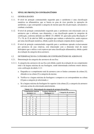 1.       NÍVEL DE PROTEÇÃO CONTRAINCÊNDIO

1.1.     GENERALIDADES
1.1.1.   O nível de proteção contraincêndio requerido para o aeródromo é uma classificação
         numérica ou alfanumérica, que se baseia no grau de risco peculiar às operações do
         aeródromo, e que corresponde à categoria do mesmo para fins de prevenção, salvamento e
         combate a incêndio.
1.1.2.   O nível de proteção contraincêndio requerido para o aeródromo está relacionado com as
         aeronaves que o utilizam, suas dimensões, e sua classificação quanto às categorias de
         certificação, conforme definido nos RBAC 23 e RBAC 25, aprovados pelas Resoluções nº
         77 e 78, de 22 de abril de 2009, ou regulação que venham a substituí-los, sendo expresso
         por uma classificação numérica, obtida a partir da avaliação conjunta destes requisitos.
1.1.3.   O nível de proteção contraincêndio requerido para o aeródromo operado exclusivamente
         por aeronaves de asas rotativas, está relacionado com a dimensão total do maior
         helicóptero que o utiliza e será expresso por uma classificação alfanumérica, obtida a partir
         da avaliação da categoria dessa aeronave.

1.2.     DETERMINAÇÃO DA CATEGORIA DE CONTRAINCÊNDIO DE AERONAVE
1.2.1.   Determinação da categoria das aeronaves de asa fixa:
1.2.1.1. A categoria das aeronaves de asa fixa será obtida a partir da avaliação do seu comprimento
         total e da largura máxima da sua fuselagem, sendo determinada conforme roteiro abaixo,
         com a utilização da tabela 1.2.1:
         a. Enquadra-se o comprimento total da aeronave com os limites constantes da coluna [1],
            obtendo-se na coluna [3] a categoria da mesma;
         b. Verifica-se a largura máxima da fuselagem e compara-se ao correspondente na coluna
            [2] para a categoria já selecionada; e
         c. Se a largura máxima da fuselagem for superior à da coluna [2], a categoria da aeronave
            será uma acima da selecionada anteriormente.
                 Tabela 1.2.1 - Determinação da categoria de aeronave de asa fixa
                Comprimento total da       Largura máxima da
                                                                   Categoria da aeronave
                    aeronave (m)              fuselagem (m)
                            [1]                   [2]                       [3]
                   >    0         <    9           2                        1
                   ≥    9         <   12           2                        2
                   ≥   12         <   18           3                        3
                   ≥   18         <   24           4                        4
                   ≥   24         <   28           4                        5
                   ≥   28         <   39           5                        6
                   ≥   39         <   49           5                        7
                   ≥   49         <   61           7                        8
                   ≥   61         <   76           7                        9
                   ≥   76         <   90           8                        10




                                                                                                  3/48
 