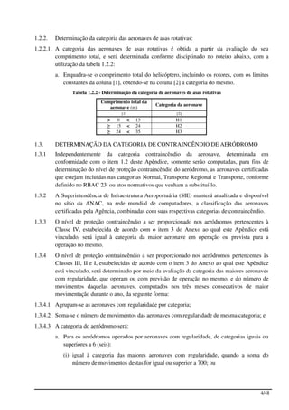 1.2.2.   Determinação da categoria das aeronaves de asas rotativas:
1.2.2.1. A categoria das aeronaves de asas rotativas é obtida a partir da avaliação do seu
         comprimento total, e será determinada conforme disciplinado no roteiro abaixo, com a
         utilização da tabela 1.2.2:
         a. Enquadra-se o comprimento total do helicóptero, incluindo os rotores, com os limites
            constantes da coluna [1], obtendo-se na coluna [2] a categoria do mesmo.
                Tabela 1.2.2 - Determinação da categoria de aeronaves de asas rotativas
                             Comprimento total da
                                                        Categoria da aeronave
                                aeronave (m)
                                         [1]                     [2]
                                >   0          <   15            H1
                                ≥   15         <   24            H2
                                ≥   24         <   35            H3

1.3.     DETERMINAÇÃO DA CATEGORIA DE CONTRAINCÊNDIO DE AERÓDROMO
1.3.1    Independentemente da categoria contraincêndio da aeronave, determinada em
         conformidade com o item 1.2 deste Apêndice, somente serão computadas, para fins de
         determinação do nível de proteção contraincêndio do aeródromo, as aeronaves certificadas
         que estejam incluídas nas categorias Normal, Transporte Regional e Transporte, conforme
         definido no RBAC 23 ou atos normativos que venham a substituí-lo.
1.3.2    A Superintendência de Infraestrutura Aeroportuária (SIE) manterá atualizada e disponível
         no sítio da ANAC, na rede mundial de computadores, a classificação das aeronaves
         certificadas pela Agência, combinadas com suas respectivas categorias de contraincêndio.
1.3.3    O nível de proteção contraincêndio a ser proporcionado nos aeródromos pertencentes à
         Classe IV, estabelecida de acordo com o item 3 do Anexo ao qual este Apêndice está
         vinculado, será igual à categoria da maior aeronave em operação ou prevista para a
         operação no mesmo.
1.3.4    O nível de proteção contraincêndio a ser proporcionado nos aeródromos pertencentes às
         Classes III, II e I, estabelecidas de acordo com o item 3 do Anexo ao qual este Apêndice
         está vinculado, será determinado por meio da avaliação da categoria das maiores aeronaves
         com regularidade, que operam ou com previsão de operação no mesmo, e do número de
         movimentos daquelas aeronaves, computados nos três meses consecutivos de maior
         movimentação durante o ano, da seguinte forma:
1.3.4.1 Agrupam-se as aeronaves com regularidade por categoria;
1.3.4.2 Soma-se o número de movimentos das aeronaves com regularidade de mesma categoria; e
1.3.4.3 A categoria do aeródromo será:
         a. Para os aeródromos operados por aeronaves com regularidade, de categorias iguais ou
            superiores a 6 (seis):
            (i) igual à categoria das maiores aeronaves com regularidade, quando a soma do
                número de movimentos destas for igual ou superior a 700; ou




                                                                                              4/48
 