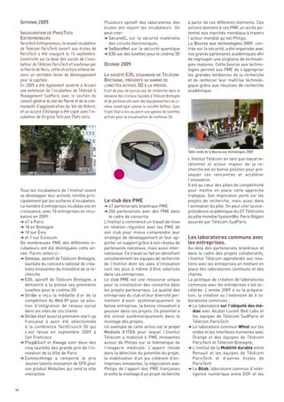 INAUGURATION DE PARISTECH
                                                      Plusieurs spinoff des laboratoires des              à partir de ces différents éléments. Ces


     ENTREPRENEURS
                                                      écoles ont rejoint les incubateurs. On              actions donnent à ces PME un accès po-
                                                      peut citer :                                        tentiel aux marchés mondiaux à travers
                                                      § SecureIC, sur la sécurité matérielle              l’acteur mondial qu’est Philips.
                                                        des circuits électroniques.                       La Bourse aux technologies 2009, cen-
                                                      § SeQureNet sur la sécurité quantique               trée sur la sécurité, a été organisée avec
                                                      § E3S sur des lunettes pour le cinéma 3D            nos grands partenaires académiques afin
                                                                                                          de regrouper une vingtaine de technolo-


                                                      LA SOCIÉTÉ E3S, ESSAIMAGE DE TÉLÉCOM
                                                                                                          gies matures. Cette bourse aux techno-


                                                      BRETAGNE, PRÉSENTE SA GAMME DE
                                                                                                          logies permet aux PME de s’approprier


                                                      LUNETTES ACTIVES 3D À LA PRESSE.
                                                                                                          les grandes tendances de la recherche
                                                                                                          et de renforcer leur maîtrise technolo-
                                                                                                          gique grâce aux résultats de recherche
                                                                                                          académique.




                                                                                                          L’Institut Télécom en tant que nœud re-
     SEPTEMBRE 2009




                                                                                                          lationnel et acteur majeur de la re-
                                                                                                          cherche est en bonne position pour pro-




                                                      Le club des PME
                                                                                                          voquer ces rencontres et accélérer
                                                                                                          l’innovation.
     ParisTech Entrepreneurs, le nouvel incubateur




                                                                                                          Il est au cœur des pôles de compétitivité
     de Telecom ParisTech ouvert aux écoles de




     Tous les incubateurs de l’Institut voient                                                            pour mettre en place cette approche
     ParisTech a été inauguré le 16 septembre.




     se développer leur activité, limitée prin-                                                           triptyque. Son implication porte sur les
     Construite sur la base des succès de l’incu-




     cipalement par les surfaces d’incubation.                                                            projets de recherche, mais aussi dans
     bateur de Télécom ParisTech et soutenue par      DÉCEMBRE 2009




     Le nombre d’entreprises incubées est en          § 47 partenariats bilatéraux PME                    l’animation du pôle. On peut citer la vice-




                                                                                                          Les laboratoires communs avec
     la Mairie de Paris, cette structure entend de-




     croissance, avec 76 entreprises en incu-         § 204 partenariats avec des PME dans                présidence académique du GT Télécoms




                                                                                                          les entreprises.
     venir un véritable levier de développement




     bation en 2009 :                                    le cadre de consortia                            du pôle mondial System@tic Paris Région
     pour la capitale.




     § 47 à Paris                                     L’Institut a commencé un travail de mise            assurée par Télécom SudParis.
     En 2009 a été également ouverte à Arcueil




     § 18 en Bretagne                                 en relation régulière avec les PME de
     une extension de l’incubateur de Télécom &       Fruit de plus de quinze ans de recherche dans le




     § 10 sur Évry                                    son club pour mieux comprendre leur
     Management SudParis avec le soutien du           domaine des cristaux liquides à Télécom Bretagne




     § et 1 sur Eurecom                               stratégie de développement et leur ap-
     conseil général du Val-de-Marne et de la com-    et de partenariats avec des équipementiers du ci-




     De nombreuses PME des différents in-             porter un support grâce à son réseau de
     munauté d’agglomération du Val-de-Bièvre,        néma numérique comme la société Volfoni, Eyes




     cubateurs ont été distinguées cette an-          partenaires nationaux, mais aussi inter-            Au-delà des partenariats bilatéraux et
     et un accord d’échange a été signé avec l’in-    Triple Shut a mis au point une gamme de lunettes




     née. Parmi celles-ci :                           nationaux. Ce travail se fait en identifiant        dans le cadre des projets collaboratifs,
     cubateur de Virginia Tech aux États-Unis.        actives pour la visualisation de contenus 3D.




     § Ostesys, spinoff de Télécom Bretagne,          simultanément les équipes de recherche              l’Institut Télécom approfondit ses rela-
        lauréate du concours national de créa-        de l’Institut dont les axes d’innovation            tions avec les entreprises en mettant en
        tions innovantes du ministère de la re-       sont les plus à même d’être valorisés               place des laboratoires communs et des
        cherche                                       dans ces entreprises.                               chaires.
     § E3S, spinoff de Télécom Bretagne, a            Le club PME est une ressource unique                La politique de création de laboratoires
        démontré à la presse ses premières            pour la constitution des consortia dans             communs avec les entreprises s’est ac-
                                                                                                          Table ronde de la Bourse aux technologies 2009




        lunettes pour le cinéma 3D                    les projets partenariaux. La qualité des            célérée. L’année 2009 a vu la prépara-
     § Stribe a reçu la médaille d’or de la           entreprises du club et leur diversité per-          tion, la création ou l’extension de 6 la-
        compétition du Web’09 pour sa solu-           mettent d’avoir systématiquement la                 boratoires communs :
        tion d’intégration de réseau social           bonne entreprise, la bonne innovation à             § Le laboratoire sur l’ubiquité des mé-
        dans les sites de ces clients                 pousser dans ces projets. Ce potentiel a               dias avec Alcatel Lucent Bell Labs et
     § Stribe était aussi la première start-up        été utilisé systématiquement dans le                   les équipes de Télécom SudParis et
        française à avoir été sélectionnée            montage des projets.                                   Télécom ParisTech
        à la conférence TechCrunch 50 qui             Un exemple de cette action est le projet            § Le laboratoire commun Whist sur les
        s’est tenue en septembre 2009 à               Mediate d’ITEA pour lequel l’Institut                  ondes et les interfaces humaines avec
        San Francisco                                 Télécom a mobilisé 6 PME innovantes                    Orange et des équipes de Télécom
     § Plug&Surf et Kwaga sont deux des               autour de Philips sur la thématique de                 ParisTech et Télécom Bretagne,
        cinq lauréats des grands prix de l’in-        l’imagerie médicale. L’apport réside                § L’institut de la Mobilité durable entre
        novation de la Ville de Paris                 dans la détection du potentiel du projet,              Renault et les équipes de Télécom
     § Connecthings a remporté le prix                la mobilisation d’un jeu cohérent d’en-                ParisTech et d’autres écoles de
        Jeunes talents innovation de SFR pour         treprises innovantes, la négociation avec              ParisTech
        son produit Mobulles qui rend la ville        Philips de l’apport des PME françaises              § Le Bilab, laboratoire commun d’intel-
        interactive                                   et enfin le montage d’un projet recherche              ligence numérique entre EDF et les


48
 