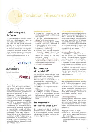 La Fondation Télécom en 2009


                                                   Les événements 2009                          Les programmes Recherche
                                                   § 12 mars 2009  : Remise des prix des        Réalisés en cofinancement avec l’Institut
                                                     meilleurs stages de la Fondation chez      Télécom, les programmes Recherche vi-
                                                     BNP Paribas                                sent à donner aux chercheurs de
En 2009, la Fondation Télécom a pour-              § 7 avril 2009 : Séminaire de veille stra-   l’Institut des moyens significatifs pour
suivi son développement dans un                      tégique sur la géolocalisation             poursuivre des recherches de pointe et
contexte économique difficile.                     § Cercle des télécoms : 8 avril 2009 à       explorer de nouvelles approches scien-
Aux côtés de ses quatre fondateurs                   Londres, 8 juin 2009 à New York et         tifiques sur des thématiques en rupture.
(Orange, SFR, Alcatel-Lucent et BNP                  2 décembre 2009 à San Francisco            Ils offrent aux partenaires qui les sou-
Paribas), trois nouvelles entreprises issues       § Juillet 2009  : Voyage du programme        tiennent un accès privilégié à l’expertise
du monde du conseil ont ainsi rejoint la             First dans la Silicon Valley               des laboratoires de l’Institut.
Fondation – Accenture, Altran et Sopra             § 20 octobre 2009 : Journée Innovation
Group –, illustrant l’attractivité de l’offre de     « Opération Triptyque » destinée aux
la Fondation pour l’ensemble des acteurs             membres de la Fondation, aux cher-         En 2009, 18 thèses et 10 projets d’un an
concernés par l’innovation dans les TIC.             cheurs de l’Institut et aux PME            ont été lancés en cofinancement
                                                     proches de l’Institut                      Institut  / Fondation autour des défis
                                                   § 3 décembre 2009 : Rencontre des étu-       scientifiques « cœur » de l’Institut Télécom
                                                     diants internationaux boursiers de la      tels les « réseaux du futur », le thème
                                                     Fondation avec les partenaires             « traitement du signal et médias numé-
                                                   § Cercle des Ambassadeurs                    riques  » ou encore «  usages et vie nu-
                                                                                                mérique ».
                                                                                                Mi 2010, les résultats seront restitués
                                                                                                aux partenaires qui pourront ainsi iden-




                                                                                                Les programmes Innovation
                                                                                                tifier des sujets d’intérêt pour la pour-
                                                                                                suite de collaboration dans un cadre bi-
                                                   Les ressources disponibles en 2009           latéral contractuel.
                                                   s’élèvent à 1816 K€ auxquels s’ajoutent
Les faits marquants




                                                   1200 K€ de dotation capitalisée.
                                                   8,2 M€ au total ont été levés depuis le
de l’année




                                                   démarrage de la campagne en 2008.            Les programmes Innovation proposés
                                                   Les dépenses engagées en 2009 s’élè-         par la Fondation accompagnent la poli-
Dix entreprises soutiennent désormais,             vent à 1580 K€ dont :                        tique de transfert et d’innovation de
dans le cadre d’engagement de trois à              § 815 K€ pour les programmes mutua-          l’Institut Télécom au service du dévelop-
cinq ans, les 12 programmes mutualisés                lisés                                     pement économique et social en favori-
de la Fondation en formation, recherche,           § 613 K€ pour les actions ciblées            sant les rencontres entre grandes entre-
innovation et prospective, qui ont poursuivi       § 151 K€ pour les actions de communi-        prises, PME, start-up et laboratoires de
leur montée en puissance en 2009.                     cation et de développement incluant       recherche des écoles de l’Institut.
Cette année a été aussi marquée par la                le financement d’un poste à temps
mobilisation croissante des diplômés,                 plein d’une directrice du développe-
                                                                                                LE PROGRAMME FUTUR ET RUPTURES




sollicités au cours de deux campagnes                 ment.                                     Quatre projets ont été réalisés dans le
d’information et d’appels au don en juin                                                        cadre d’un appel d’offres lancé en cofi-
pour l’ISF et en novembre pour l’IR. Des                                                        nancement avec l’Institut Télécom pour
« Cercles des Télécoms » mis en place à                                                         préparer et tester le potentiel de trans-
Londres, New York et San Francisco ont                                                          fert des résultats de recherche issus des
aussi permis de sensibiliser les diplômés                                                       laboratoires.
en poste dans des pays à forte culture             Les programmes de la Fondation
de fundraising aux besoins de finance-             Télécom financés sur fonds mutualisés        Les projets soutenus en 2009 :
ment de leurs écoles via la fondation.             se structurent autour de quatre grandes      § PROTEKTO  : plateforme innovante
                                                   Les ressources




Depuis 2008, près de 400 diplômés ont              thématiques : formation, recherche, in-        pour la sécurisation des SI internes
ainsi fait un don à la Fondation pour un           novation et prospective.                       des entreprises
                                                   et emplois 2009




montant total de plus de 90000 €, qui                                                           § Repindoor  : démonstration de posi-
ont servi à financer des bourses inter-                                                           tionnement indoor à base de répéteurs
nationales et à doter les plateformes de                                                          GNSS
recherche des écoles.
                                                                                                MATURATION D’INNOVATIONS


                                                   Les programmes
                                                   de la Fondation en 2009




                                                                                                                                               51
 