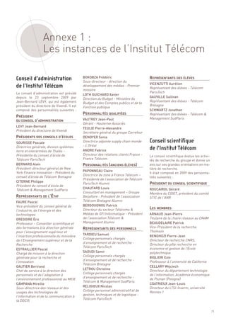 Annexe 1 :
                  Les instances de l’Institut Télécom

                                             BOKOBZA Frédéric                           REPRÉSENTANTS DES ÉLÈVES
                                             Sous-directeur - direction du
                                             développement des médias - Premier
                                                                                        VICENZUTTI Aurélien
                                                                                        Représentant des élèves - Télécom
                                             ministre




                                             PERSONNALITÉS QUALIFIÉES
                                                                                        ParisTech




PRÉSIDENT
Le conseil d’administration est présidé      LOTH GUICHARD Xavier




DU CONSEIL D’ADMINISTRATION
                                             Direction du Budget - Ministère du
depuis le 23 septembre 2009 par                                                         GAUVILLE Sullivan
                                                                                        Représentant des élèves - Télécom
Jean-Bernard LÉVY, qui est également         Budget et des Comptes publics et de la
                                                                                        Bretagne
président du directoire de Vivendi. Il est   Fonction publique
composé des personnalités suivantes  :                                                  SCHWARTZ Jonathan
                                                                                        Représentant des élèves - Télécom &




PRÉSIDENTS DES CONSEILS D’ÉCOLES
                                             VAUTREY Jean-Paul                          Management SudParis
                                             Gérant - Hauterive Associés
LEVY Jean-Bernard
Président du directoire de Vivendi
                                             TEULIE Pierre-Alexandre
                                             Secrétaire général du groupe Carrefour
                                             DENOYER Sonia
                                             Directrice adjointe supply chain monde




                                             PERSONNALITÉS (ANCIENS ÉLÈVES)
SOURISSE Pascale
Directrice générale, division systèmes       - L’Oréal
terre et interarmées de Thalès -             ANDRE Fabrice
Présidente du conseil d’école de             Directeur des relations clients France -   Le conseil scientifique évalue les activi-
Télécom ParisTech                            France Télécom




                                                                                        PRÉSIDENT DU CONSEIL SCIENTIFIQUE
                                                                                        tés de recherche du groupe et donne un
BERNARD Alain                                                                           avis sur ses grandes orientations en ma-
Président-directeur général de New                                                      tière de recherche.
York Finance Innovation - Président du
                                             PAPONNEAU Claire




REPRÉSENTANTS DE L’ÉTAT
                                             Directrice de zone à France Télécom –
                                                                                        Il était composé en 2009 des personna-
conseil d’école de Télécom Bretagne
                                             Présidente de l’association de Télécom
                                                                                        lités suivantes :
                                             ParisTech Alumni
CITERNE Philippe




                                                                                        LES MEMBRES
Président du conseil d’école de
Conseil d’administration




Télécom & Management SudParis
                                             CHAUTARD Louis                             ROUCAIROL Gérard
                                             Consultant en management – Groupe          Membre du CGIET, président du comité
                                             Beijaflore - Président de l’association
de l’Institut Télécom




                                                                                        STIC de l’ANR
FAURE Pascal                                 Télécom Bretagne Alumni




                                             REPRÉSENTANTS DES PERSONNELS
Vice-président du conseil général de         BERGOUGNOU Patrick
l’industrie, de l’énergie et des             Directeur du secteur Télécoms &
technologies                                 Médias de GFI Informatique - Président     ARNAUD Jean-Pierre
GREGOIRE Éric                                de l’association Télécom &                 Titulaire de la chaire réseaux au CNAM
Professeur – Conseiller scientifique et      Management Alumni                          BEAUDELAIRE Patrick
des formations à la direction générale                                                  Vice-Président de la recherche,
pour l’enseignement supérieur et                                                        Thomson
l’insertion professionnelle du ministère
                                             TARDIEU Samuel                             BENGHOZI Pierre-Jean
                                             Collège personnels chargés                 Directeur de recherche CNRS,
de l’Enseignement supérieur et de la
                                             d’enseignement et de recherche -           Directeur du pôle recherche en
Recherche
                                             Télécom ParisTech                          économie et gestion de l’École
ESTRAILLIER Pascal
                                                                                        Conseil scientifique




Chargé de mission à la direction
                                             SAOUDI Samir                               polytechnique
                                             Collège personnels chargés
générale pour la recherche et
                                                                                        de l’Institut Télécom




                                                                                        BIGLIERI Ezio
                                             d’enseignement et de recherche -           Professeur à l’université de Californie
l’innovation
                                             Télécom Bretagne
GAUTIER Bertrand                                                                        CELLARY Wojciech
Chef de service à la direction des
                                             LETROU Christine                           Directeur du département technologie
                                             Collège personnels chargés                 de l’information, Académie économique
personnels et de l’adaptation à
                                             d’enseignement et de recherche -           de Poznan (Pologne)
l’environnement professionnel au MEIE
                                             Télécom & Management SudParis
CAMPANA Mireille                                                                        COATRIEUX Jean-Louis
Sous-directrice des réseaux et des
                                             RELIGIEUX Nicolas                          Directeur du LTSI-Inserm, université
                                             Collège personnel administratif et de      Rennes 1
usages des technologies de
                                             gestion, techniques et de logistique -
l’information et de la communication à
                                             Télécom ParisTech
la DGCIS


                                                                                                                                     71
 
