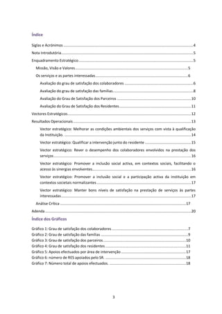 Índice

Siglas e Acrónimos .........................................................................................................................4
Nota Introdutória ...........................................................................................................................5
Enquadramento Estratégico ...........................................................................................................5
   Missão, Visão e Valores ......................................................................................................... 5
   Os serviços e as partes interessadas ...................................................................................... 6
       Avaliação do grau de satisfação dos colaboradores ................................................................6
       Avaliação do grau de satisfação das famílias ...........................................................................8
       Avaliação do Grau de Satisfação dos Parceiros ..................................................................... 10
       Avaliação do Grau de Satisfação dos Residentes ................................................................... 11
Vectores Estratégicos ................................................................................................................... 12
Resultados Operacionais .............................................................................................................. 13
       Vector estratégico: Melhorar as condições ambientais dos serviços com vista à qualificação
       da Instituição. ...................................................................................................................... 14
       Vector estratégico: Qualificar a intervenção junto do residente ........................................... 15
       Vector estratégico: Rever o desempenho dos colaboradores envolvidos na prestação dos
       serviços ................................................................................................................................ 16
       Vector estratégico: Promover a inclusão social activa, em contextos sociais, facilitando o
       acesso às sinergias envolventes ............................................................................................ 16
       Vector estratégico: Promover a inclusão social e a participação activa da instituição em
       contextos societais normalizantes ........................................................................................ 17
       Vector estratégico: Manter bons níveis de satisfação na prestação de serviços às partes
       interessadas ......................................................................................................................... 17
   Análise Crítica ..................................................................................................................... 17
Adenda ........................................................................................................................................ 20
Índice dos Gráficos

Gráfico 1: Grau de satisfação dos colaboradores ....................................................................... 7
Gráfico 2: Grau de satisfação das famílias ................................................................................. 9
Gráfico 3: Grau de satisfação dos parceiros ............................................................................. 10
Gráfico 4: Grau de satisfação dos residentes ........................................................................... 11
Gráfico 5: Apoios efectuados por área de intervenção ............................................................ 17
Gráfico 6: número de RES apoiados pelo SR. ........................................................................... 18
Gráfico 7: Número total de apoios efectuados. ....................................................................... 18




                                                                        3
 