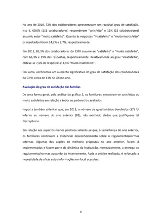 No ano de 2010, 72% dos colaboradores apresentavam um razoável grau de satisfação,
isto é, 60,6% (111 colaboradores) responderam “satisfeito” e 12% (22 colaboradores)
assumiu estar “muito satisfeito”. Quanto às respostas “Insatisfeito” e “muito insatisfeito”
os resultados foram 14,2% e 2,7%, respectivamente.

Em 2011, 85,3% dos colaboradores do CJPII assume-se “satisfeito” e “muito satisfeito”,
com 66,3% e 19% das respostas, respectivamente. Relativamente ao grau “insatisfeito”,
obteve-se 7,6% de respostas e 3,3% “muito insatisfeito”.

Em suma, verificamos um aumento significativo do grau de satisfação dos colaboradores
do CJPII, cerca de 13% no último ano.

Avaliação do grau de satisfação das famílias

De uma forma geral, pela análise do gráfico 2, os familiares encontram-se satisfeitos ou
muito satisfeitos em relação a todos os parâmetros avaliados.

Importa também salientar que, em 2011, o número de questionários devolvidos (57) foi
inferior ao número do ano anterior (81), não existindo dados que justifiquem tal
discrepância.

Em relação aos aspectos menos positivos salienta-se que, à semelhança do ano anterior,
os familiares continuam a evidenciar desconhecimento sobre o regulamento/normas
internas. Algumas das acções de melhoria propostas no ano anterior, foram já
implementadas e fazem parte da dinâmica da Instituição, nomeadamente, a entrega do
regulamento/normas aquando do internamento. Após a análise realizada, é reforçada a
necessidade de afixar estas informações em local acessível.




                                            8
 