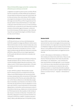 c hapitre 6   |   co ntr ô les des produ i t s



Plans d’échantillonnage sectoriels : secteur des
aliments pour animaux et du lait

La législation européenne prévoit que les contrôles officiels
tiennent compte des contrôles réalisés par les opérateurs
s’ils permettent de réduire les risques de contamination de
la chaîne alimentaire. Dans cette optique, l’AFSCA adapte
son programme d’analyses en fonction des plans d’échan-
tillonnage sectoriels (PES) qui offrent les garanties permet-
tant de maintenir la sécurité alimentaire à un niveau élevé.
Le PES doit notamment être soumis au Comité scientifique
de l’AFSCA, tenir compte de son avis et répondre à certaines
conditions d’échantillonnage et d’analyses. La réduction
du nombre d’analyses officielles repose sur des critères de
risque tels que la gravité des dangers contrôlés et l’exposi-
tion des consommateurs.


Aliments pour animaux                                                Secteur du lait

Le PES des aliments pour animaux a été développé par                 Depuis 2006, le secteur du lait a un plan d’échantillonnage
OVOCOM, la plateforme belge des différents chaînons de la            sectoriel dont les coûts sont partagés entre les producteurs
filière de l’alimentation animale. Il prévoit l’analyse des conta-   de lait et les laiteries. Son organisation est assurée par la CBL
minants depuis la fourniture des matières premières jusqu’à          (Confédération belge de l’industrie laitière). Des échantillons
la livraison des aliments composés pour animaux. L’Asso-             de lait cru sont prélevés à la ferme et dans les camions de
ciation professionnelle des fabricants d’aliments composés           collecte du lait. Des produits laitiers sont également échan-
(APFACA) a, depuis 2003, pris à sa charge l’organisation             tillonnés.
du PES auprès des fabricants d’aliments composés et de
                                                                     En 2011, 1.426 analyses ont été réalisées sur 1.659 échan-
prémélanges.
                                                                     tillons (résidus de médicaments vétérinaires, métaux lourds,
L’APFACA transmet régulièrement à l’AFSCA son PES et les             dioxines, PCB de type dioxine, PCB, résidus de pesticides,
résultats d’analyses. Dès lors, l’AFSCA a réduit en 2011 le          salmonelles, E. coli, radioactivité...) ; pour certaines ana-
nombre d’analyses programmées de mycotoxines (-15 %),                lyses, les échantillons ont été regroupés. Il y a eu 3 résultats
métaux lourds (-14 %) et résidus de pesticides (-14 %) dans          non-conformes en raison de présence de résidus d’anthel-
les matières premières livrées aux fabricants d’aliments             minthiques non autorisés pour le traitement des vaches
composés.                                                            laitières en lactation. La majorité des échantillons prélevés
                                                                     par l’AFSCA le sont dans le cadre du règlement 96/23/CE qui
En 2011, l’APFACA a prélevé 1.783 échantillons auprès
                                                                     prévoit un nombre minimum – respecté – d’échantillons à
de 274 unités de production et analysé entre autres les
                                                                     prendre.
métaux lourds (198 échantillons), les mycotoxines (540),
les résidus de pesticides (223), les dioxines et PCB de types
dioxine (203), les PCB (113) et les salmonelles (269). Deux
non-conformités en aflatoxines ont été détectées (sorgho
blanc et arachides). Les entreprises concernées en ont été
informées afin de prendre les mesures adaptées en concer-
tation avec l’AFSCA. Le seuil d’intervention en dioxines était
dépassé dans un échantillon de farine de poisson et dans 3
échantillons (huile de soja, chélate de zinc et bentonite) pour
les PCB de type dioxines. Des enquêtes ont été menées et
des mesures correctives ont été prises. 1 échantillon (ché-
late de fer) a dépassé la norme en dioxines entraînant une
notification à l’AFSCA et un RASFF. La présence de salmo-
nelle (S. Idikan) a été détectée dans un échantillon (colza).




                                                                                                                                               109
 