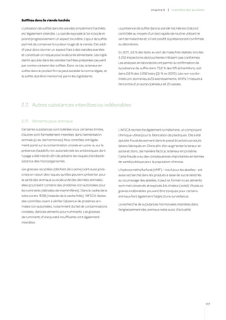 c hapitre 6   |   co ntr ô les des produ i t s



Sulfites dans la viande hachée

L’utilisation de sulfite dans les viandes simplement hachées       La présence de sulfite dans la viande hachée est d’abord
est légalement interdite. La viande exposée à l’air s’oxyde et     contrôlée au moyen d’un test rapide de routine utilisant le
prend progressivement un aspect brunâtre. L’ajout de sulfite       vert de malachite et, s’il est positif, la présence est confirmée
permet de conserver la couleur rouge de la viande. Cet addi-       au laboratoire.
tif peut donc donner un aspect frais à des viandes avariées
                                                                   En 2011, 3,8 % des tests au vert de malachite réalisés lors des
et constituer un risque pour la sécurité alimentaire. Les ingré-
                                                                   3.292 inspections de boucheries n’étaient pas conformes.
dients ajoutés dans les viandes hachées préparées peuvent
                                                                   Les analyses en laboratoire ont permis la confirmation de
par contre contenir des sulfites. Dans ce cas, la teneur en
                                                                   la présence de sulfite dans 73,0 % des 125 échantillons, soit
sulfite dans le produit fini ne peut excéder la norme légale, et
                                                                   dans 2,8 % des 3.292 tests (3,1 % en 2010). Les non-confor-
le sulfite doit être mentionné parmi les ingrédients.
                                                                   mités ont donné lieu à 23 avertissements, 94 PV, 1 mesure à
                                                                   l’encontre d’un autre opérateur et 20 saisies.




2.7.	 Autres substances interdites ou indésirables


2.7.1.	 Aliments pour animaux
Certaines substances sont tolérées sous certaines limites,         L’AFSCA recherche également la mélamine, un composant
d’autres sont formellement interdites dans l’alimentation          chimique utilisé pour la fabrication de plastiques. Elle a été
animale (p. ex. les hormones). Nos contrôles ont égale-            ajoutée frauduleusement dans le passé à certains produits
ment porté sur la contamination croisée en usine ou sur la         laitiers fabriqués en Chine afin d’en augmenter la teneur en
présence d’additifs non autorisés tels les antibiotiques dont      azote et donc, de manière factice, la teneur en protéine.
l’usage a été interdit afin de prévenir les risques d’antibioré-   Cette fraude a eu des conséquences importantes en termes
sistance des microorganismes.                                      de santé publique pour la population chinoise.

Les graisses recyclées (déchets de cuisine) sont aussi pros-       L’hydroxyméthylfurfural (HMF) – nocif pour les abeilles - est
crites en raison des risques qu’elles peuvent présenter pour       aussi recherché dans les produits à base de sucre destinés
la santé des animaux ou la sécurité des denrées animales :         au nourrissage des abeilles. Il peut se former si ces aliments
elles pourraient contenir des protéines non autorisées pour        sont mal conservés et exposés à la chaleur (soleil). Plusieurs
les ruminants (dérivées de mammifères). Dans le cadre de la        graines indésirables pouvant être toxiques pour certains
lutte contre l’ESB (maladie de la vache folle), l’AFSCA réalise    animaux font également l’objet d’une surveillance.
des contrôles visant à vérifier l’absence de protéines ani-
                                                                   La recherche de substances hormonales interdites dans
males non autorisées, notamment du fait de contaminations
                                                                   l’engraissement des animaux reste aussi d’actualité.
croisées, dans les aliments pour ruminants. Les graisses
de ruminants d’une pureté insuffisante sont également
interdites.




                                                                                                                                            117
 