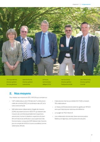 c hapitre 1   |   l’o rgan i sat i on




Véronique Berthot,           Geert De Poorter,              Gil Houins,                     Herman Diricks,                       Jean-Marie Dochy,
Directeur général            Directeur général              Administrateur                  Directeur général                     Directeur général
Services généraux            Laboratoires                   délégué (CEO)                   Politique de contrôle                 Contrôle




     2.	 Nos moyens
     Pour réaliser ses missions en 2011, l’AFSCA a pu compter sur :

     •	   1.327 collaborateurs dont 723 dans les 11 unités provin-           •	   5 laboratoires internes accrédités ISO 17.025 comptant
          ciales de contrôle (UPC), la coordination des UPC et la                 155 collaborateurs
          lutte contre la fraude
                                                                             •	   un réseau de 56 laboratoires externes agréés par l’AFSCA
     •	   648 vétérinaires indépendants chargés de missions                       ainsi que 9 laboratoires nationaux de référence
          (CDM), équivalant à environ 400 ETP, qui réalisent des
                                                                             •	   un budget de 175,6 millions €
          missions de contrôle (essentiellement inspections
          ante et post-mortem à l’abattoir, inspections du bien-             •	   une collaboration étroite avec divers services publics
          être animal) et de certification, sous supervision des                  fédéraux et régionaux, dont la police et la douane.
          fonctionnaires. Lorsque les CDM réalisent des missions
          pour le compte de l’AFSCA, ils sont considérés comme
          vétérinaires officiels.




                                                                                                                                                            17
 