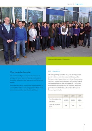 c hapitre 1   |   l’o rgan i sat i on




                                                                  Le service Personnel et Organisation




                                                                  2.1.1.	 Formation
Charte de la diversité
                                                                  L’AFSCA a prolongé son effort en vue du développement
Dès sa création, l’Agence a toujours œuvré pour une
                                                                  constant des compétences de ses collaborateurs. Les
politique de ressources humaines respectueuse de la
                                                                  formations visent à garantir des contrôles professionnels en
diversité et veillant à ce que l’Agence soit le reflet de notre
                                                                  répondant aux attentes de la société (efficience, efficacité,
société.
                                                                  compétence, relations avec les opérateurs…). La commu-
Par la ratification de la Charte de la diversité fédérale le 1
                                                             er
                                                                  nication entre les contrôleurs et les contrôlés, et le mana-
octobre 2011, l’AFSCA a pris un engagement officiel en ce         gement responsable font tous deux l’objet de trajets de
sens et s’est dotée d’un plan d’action spécifique.                formation pluriannuels.

                                                                  	
                                                                                               2009            2010             2011

                                                                      Nombre de jours de
                                                                                               6.590          6.888            6.228
                                                                      formation

                                                                      Jours de formation
                                                                                                5,4             5,8             5,2
                                                                      / ETP




                                                                                                                                              19
 