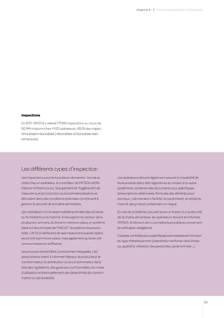 c hapitre 4     |   de la programmation à l’inspection




Inspections

En 2011, l’AFSCA a réalisé 171.552 inspections au cours de
50.149 missions chez 41.121 opérateurs ; 85,1% des inspec-
tions étaient favorables [=favorables et favorables avec
remarques].




Les différents types d’inspection
Les inspections couvrent plusieurs domaines : lors de sa        Les opérateurs doivent également assurer la traçabilité de
visite chez un opérateur, le contrôleur de l’AFSCA vérifie      leurs produits dans des registres ou au moyen d’un autre
d’abord l’infrastructure, l’équipement et l’hygiène afin de     système et conserver des documents plus spécifiques
s’assurer que la production ou la commercialisation se          (prescriptions vétérinaires, formules des aliments pour
déroulent dans des conditions optimales contribuant à           animaux…) de manière à faciliter, le cas échéant, le retrait du
garantir la sécurité de la chaîne alimentaire.                  marché des produits présentant un risque.

Les opérateurs ont la responsabilité première des produits      En cas de problèmes pouvant avoir un impact sur la sécurité
qu’ils mettent sur le marché. A l’exception du secteur de la    de la chaîne alimentaire, les opérateurs doivent en informer
production primaire, ils doivent mettre en place un système     l’AFSCA. Ils doivent donc connaître la procédure concernant
basé sur les principes de l’HACCP : le système d’autocon-       la notification obligatoire.
trôle. L’AFSCA vérifie lors de ses inspections que les opéra-
                                                                D’autres contrôles plus spécifiques sont réalisés en fonction
teurs l’ont bien mis en place, mais également qu’ils en ont
                                                                du type d’établissement (interdiction de fumer dans l’hore-
une connaissance suffisante.
                                                                ca, qualité et utilisation des pesticides, santé animale…).
Les produits doivent être correctement étiquetés. Ces
prescriptions visent à informer l’éleveur, le producteur, le
transformateur, le distributeur ou le consommateur de la
liste des ingrédients, des garanties nutritionnelles, du mode
d’utilisation et éventuellement des dates limite de consom-
mation ou de durabilité.




                                                                                                                                        65
 