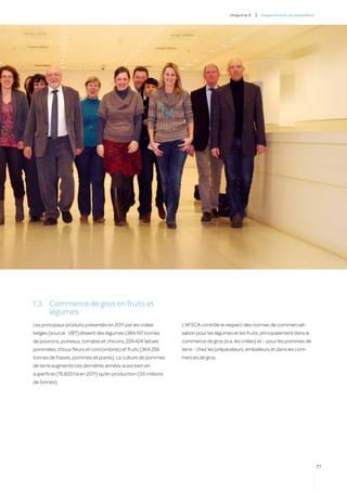 c hapitre 5   |   inspectio ns et ma l a di es




1.3.	 Commerce de gros en fruits et
      légumes
Les principaux produits présentés en 2011 par les criées        L’AFSCA contrôle le respect des normes de commerciali-
belges (source : VBT) étaient des légumes (384.197 tonnes       sation pour les légumes et les fruits, principalement dans le
de poivrons, poireaux, tomates et chicons, 224.424 laitues      commerce de gros (e.a. les criées) et – pour les pommes de
pommées, choux fleurs et concombres) et fruits (364.256         terre - chez les préparateurs, emballeurs et dans les com-
tonnes de fraises, pommes et poires). La culture de pommes      merces de gros.
de terre augmente ces dernières années aussi bien en
superficie (76.833 ha en 2011) qu’en production (3,6 millions
de tonnes).




                                                                                                                                       77
 