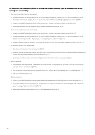 Les principales non-conformités (points de la check-list) pour les différents types de détaillants sont les sui-
     vantes (% non-conformités) :

     •	   Commerce de détail (sans transformation) :

          •	   Il y a suffisamment de lavabos bien placés (en particulier à proximité des toilettes), pourvus d’eau courante chaude et
               froide (ou température mitigée), de savon liquide et d’un dispositif pour le séchage hygiénique des mains (24,4 %)

          •	   Il y a un contrôle à l’entrée des produits et ces derniers sont propres à la consommation humaine (20,1 %)

          •	   La température des produits réfrigérés et des produits surgelés est respectée (9,1 %)

     •	   Commerce de détail (avec transformation) :

          •	   Il y a un contrôle à l’entrée des produits et ces derniers sont propres à la consommation humaine (36,4 %)

          •	   Il y a suffisamment de lavabos bien placés (en particulier à proximité des toilettes), pourvus d’eau courante chaude et
               froide, de savon liquide et d’un dispositif pour le séchage hygiénique des mains (32,8 %)

          •	   L’espace d’entreposage est suffisant, les denrées alimentaires conservées ne sont pas avariées ni contaminées (18,9 %)

     •	   Commerce de détail pain et pâtisserie :

          •	   Les locaux et les équipements sont propres (23,7 %)

          •	   Il y a des toilettes propres avec chasse, elles ne donnent pas directement sur des locaux où des denrées alimentaires sont
               manipulées et il y a des lavabos pour se laver les mains (21,1 %)

          •	   La température des denrées alimentaires réfrigérées et la chaîne du froid sont respectées (16,9 %)

     •	   Débits de viande :

          •	   L’analyse annuelle obligatoire d’un échantillon de viande hachée ou de préparation de viande à base de viande hachée a
               été faite et suivie correctement (31,1 %)

          •	   Les surfaces en contact avec les denrées alimentaires sont propres (y compris l’équipement et l’appareillage) (12,5 %)

          •	   Les locaux sont propres (11,0 %)

     •	   Débits de poisson :

          •	   Il y a un contrôle à l’entrée des produits et les denrées alimentaires sont propres à la consommation humaine (34,6 %)

          •	   Il y a suffisamment de lavabos bien placés, équipés d’eau courante chaude et froide, de savon liquide et d’un dispositif
               pour le séchage hygiénique des mains (25,3 %)

          •	   La température des produits des comptoirs frigorifiques est respectée (9,1 %).




92
 