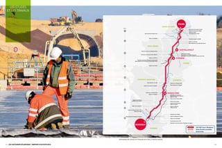 14 Lgv SUD europe Atlantique rapport d’activité 2013 15
Les
études et
travaux
Les études
et les travaux
Avancement des travaux sur l’Estacade de la Folie, à Poitiers (Vienne).
LA
LOIRE
L’INDRE
LA VIENNE
LACHARENTE
LA
GARONNE
LA DORDOGNE
A
10
A 10
A
85
ANGOULÊME
CHÂTELLERAUT
POITIERS
Raccordement de Saint-Avertin
Tranchée butonnée de Veigné
Viaduc de l’Indre
Franchissement de l’A10
Tranchée couverte de Maillé
Viaduc de la Vienne
Raccordement de La-Celle-Saint-Avant
Viaducs de l’Auxance
Estacades de la Folie et Tranchée couverte sous l’A10
Viaduc de la Charente Nord
Raccordement de Villognon
Estacade de la Couronne
Raccordement de la Couronne
Viaduc du Claix
Viaduc de la Font des Filles
Viaduc des Lorrettes
Viaduc de la Poussonne
Viaduc du Palais
Viaduc du Mouzon
Viaduc du Lary
Estacade de la Falaise
Viaduc du Marais de la Virvée
Viaduc de la Dordogne
Franchissement de l’A10
Estacade et saut-de-mouton d’Ambarès-et-Lagrave
Raccordement d’Ambarès-et-Lagrave
Viaduc de la Saye
Viaducs du Meudon Nord et Sud
Viaduc de la Goujonne
Viaducs de la Nauve
du Merle et de l’Agrière
Viaduc de la Boëme
Viaduc de la Charente Sud
Viaduc de la Charente Médiane
Raccordement de Juillé
Viaduc de la Vonne
Raccordement de la Fontaine-le-Comte Nord et Sud
Tranchée couverte de Fontaine-le-Comte (A10)
Viaduc de la Boivre
Tranchée couverte de Poitiers (RN147)
Tranchée couverte de Marigny-Brizay
Viaduc de la Manse
Raccordement de Monts Sud
Km
Raccordement de Migné-Auxances
80
120
160
200
240
280
300
40
0
TOURS
BORDEAUX
CHARENTE-MARITIME
INDRE-ET-LOIRE
VIENNE
DEUX-SÈVRES
CHARENTE
GIRONDE
LGV SEA Tours-Bordeaux
Voies ferrées actuelles
Autoroutes
 