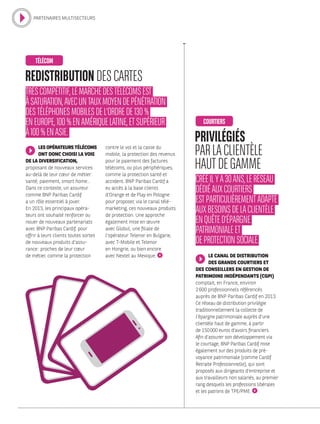 REDISTRIBUTIONDESCARTES
PRIVILÉGIÉS
PARLACLIENTÈLE
HAUTDEGAMME
TRÈSCOMPÉTITIF,LEMARCHÉDESTÉLÉCOMSEST
ÀSATURATION,AVECUNTAUXMOYENDEPÉNÉTRATION
DESTÉLÉPHONESMOBILESDEL’ORDREDE130 %
ENEUROPE,100 %ENAMÉRIQUELATINE,ETSUPÉRIEUR
À100 %ENASIE.
CRÉÉILYA30ANS,LERÉSEAU
DÉDIÉAUXCOURTIERS
ESTPARTICULIÈREMENTADAPTÉ
AUXBESOINSDELACLIENTÈLE
ENQUÊTED’ÉPARGNE
PATRIMONIALEET
DEPROTECTIONSOCIALE.
LES OPÉRATEURS TÉLÉCOMS
ONT DONC CHOISI LA VOIE
DE LA DIVERSIFICATION,
proposant de nouveaux services
au-delà de leur cœur de métier :
santé, paiement, smart home…
Dans ce contexte, un assureur
comme BNP Paribas Cardif
a un rôle essentiel à jouer.
En 2013, les principaux opéra-
teurs ont souhaité renforcer ou
nouer de nouveaux partenariats
avec BNP Paribas Cardif, pour
offrir à leurs clients toutes sortes
de nouveaux produits d’assu-
rance : proches de leur cœur
de métier, comme la protection
contre le vol et la casse du
mobile, la protection des revenus
pour le paiement des factures
télécoms, ou plus périphériques,
comme la protection santé et
accident. BNP Paribas Cardif a
eu accès à la base clients
d’Orange et de Play en Pologne
pour proposer, via le canal télé-
marketing, ces nouveaux produits
de protection. Une approche
également mise en œuvre
avec Globul, une filiale de
l’opérateur Telenor en Bulgarie,
avec T-Mobile et Telenor
en Hongrie, ou bien encore
avec Nextel au Mexique. LE CANAL DE DISTRIBUTION
DES GRANDS COURTIERS ET
DES CONSEILLERS EN GESTION DE
PATRIMOINE INDÉPENDANTS (CGPI)
comptait, en France, environ
2 600 professionnels référencés
auprès de BNP Paribas Cardif en 2013.
Ce réseau de distribution privilégie
traditionnellement la collecte de
l’épargne patrimoniale auprès d’une
clientèle haut de gamme, à partir
de 150 000 euros d’avoirs financiers.
Afin d’assurer son développement via
le courtage, BNP Paribas Cardif mise
également sur des produits de pré-
voyance patrimoniale (comme Cardif
Retraite Professionnelle), qui sont
proposés aux dirigeants d’entreprise et
aux travailleurs non salariés, au premier
rang desquels les professions libérales
et les patrons de TPE/PME.
TÉLÉCOM
COURTIERS
PARTENAIRES MULTISECTEURS
 
