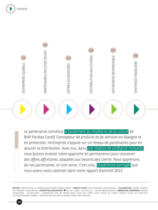 OFFRESDIVERSIFIÉES
DISTRIBUTIONMULTICANAL
ENTREPRISERESPONSABLE
SYNTHÈSEFINANCIÈRE
15 >17
18 >19 20 >21
22>33
Le partenariat constitue le fondement du modèle et de la culture de
BNP Paribas Cardif. Concepteur de produits et de services en épargne et
en protection, l’entreprise s’appuie sur un réseau de partenaires pour en
assurer la distribution. Avec eux, dans une relation de confiance mutuelle,
nous faisons évoluer notre approche en permanence pour concevoir
des offres affinitaires, adaptées aux besoins des clients. Nous apprenons
de nos partenaires, et vice versa. C’est cela, l’expérience partagée que
nous avons voulu valoriser dans notre rapport d’activité 2013.
ÉDITION : DIRECTION DE LA COMMUNICATION BNP PARIBAS CARDIF • CRÉDITS PHOTO : JEAN CHISCANO, GALLERYSTOCK • ILLUSTRATIONS : CÉDRIC AUDINOT,
GETTYIMAGES, PUBLICORP DR • CONCEPTION, RÉALISATION : • 12802 • 01 55 76 11 11 – CONTACT@PUBLICORP.FR • FABRICATION, IMPRESSION : MEDIAN
IMPRESSION – 01 69 31 92 92 • IMPRESSION SUR UN PAPIER DONT 100 % DES FIBRES SONT ISSUES DE FORÊTS GÉRÉES SELON LES PRINCIPES
DU DÉVELOPPEMENT DURABLE – CERTIFICATION PEFC (PAN-EUROPEAN FOREST CERTIFICATION).
ENTREPRISEGLOBALE
PARTENAIRESMULTISECTEURS
6>8
9>14
2>3
SOMMAIRE
 