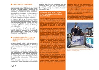 16
FAIRE MIEUX ENSEMBLE
Mercator Océan a développé un service extranet,
dans un premier temps pour Météo France et pour
le SHOM. Ces sites baptisés « Premium » leur
assurent une information choisie et qualifiée sur
nos services, nos productions et leurs indicateurs.
Mercator Océan a contribué à l’appel d’offres de
Météo France pour le renouvellement de leur
supercalculateur (benchmark, analyses, réunions
du Groupe Evaluation Technique et auditions).
Le numéro #48 de la Newsletter conjointe
Mercator-Coriolis, disponible sur le site web de
Mercator Océan, a été consacré à une thématique
forte de l’Ifremer, pilote dans le réseau Euro-Argo :
les observations InSitu. En 2013, la newsletter
scientifique de Mercator océan a été téléchargée
près de 5000 fois.
Mercator Océan s’est également associée au
montage d’un futur site éducatif de l’OMP qui
couvrira tous ses domaines de compétences,
dont l’océanographie. L’objectif est de fournir
des ressources pédagogiques en ligne pour les
enseignants de Midi-Pyrénées.
OUVRIR NOS Compétences
AUX BESOINS DU SECTEUR
Privé
En 2013, Mercator Océan a signé un contrat de
partenariat de recherche important (en physique et
biogéochimie) avec un utilisateur du secteur privé
qui l’autorise à exporter un service océanographique
de pointe.
Après un support initial en R&D de la part du CNRS,
Mercator Océan a pris le relais auprès d’un utilisa-
teur du secteur privé pour l’aider à développer un
service commercial dans le domaine de l’offshore.
Ce dernier offre des sorties opérationnelles toutes
les trois heures à ses clients. D’autres propositions
de solutions dans le domaine de l’offshore sont à
l’étude.
Cette démarche d’ouverture aux secteurs
commerciaux s’étend en 2013 au Service Européen
MyOcean, dont 20% des utilisateurs sont des
entreprises. Dans son rôle de coordinateur,
Mercator Océan contribue également à des sessions
de training (3 en 2013) ainsi qu’à la réalisation de
didacticiels en ligne.
VALORISER MERCATOR Océan
et SES PARTENAIRES Auprès DU
GRAND PUBLIC
Tous nos supports de communication (Offline et
online) bénéficient d’audience en augmentation
sur 2013 (www.mercator-ocean.fr: 27000
visiteurs ; www.myocean.eu: 180 000 vs 71 000
en 2012 ; environ 20 000 vues sur nos chaînes
Daily Motion et You Tube en 2013, portée
hebdomadaire sur Facebook = entre 500 et
1000).
Déjà impliquée dans de nombreux évènements
scientifiques grand public au niveau local (La
Novela, la Nuit des Chercheurs), Mercator
Océan souhaite asseoir son rôle de « fournisseur
de savoir » et de « référent océanographique »
au niveau national et international. En 2013,
Mercator Océan a donc commencé à établir
des partenariats avec des centres scientifiques
et musée de la mer pour des expositions
permanentes (à Toulouse avec la Cité de
l’Espace et le Museum d’Histoires Naturelles,
à Brest avec Océanopolis) ou temporaires (la
Villa Méditerranée à Marseille, exposition
prévue pour le début de 2014). Mercator Océan
a également intégré un réseau européen de
centres scientifiques et de musées de plus de
400 membres (ECSITE) en tant que fournisseur
de données océaniques. Cela contribuera à la
visibilité auprès du grand public, à la découverte
de nouvelles méthodes pour partager son savoir
et à trouver de nouveaux partenaires.
Mercator Océan s’est aussi beaucoup investie
dans le partenariat de l’expédition « Le 7ème
Continent » menée par Patrick Deixonne, sur la
« mer de plastique » dans l’Océan Pacifique, au
même titre que le CNRS et le CNES.
A cette occasion, l’équipe dédiée « Solution
Clients » a contribué à la détermination de
l’itinéraire 2014 par un démonstrateur de
dérive de particules sur base des courants
d’une réanalyse GLORYS et des probabilités de
convergence des plastiques.
La portée médiatique d’un tel évènement
(journaux nationaux, journaux télévisés,
radios…) a mis en lumière la singularité et le
potentiel de Mercator Océan.
En 2013, Mercator Océan a développé
considérablement sa capacité iconographique ce
qui lui permet aujourd’hui d’être autonome dans
la réalisation de ses propres productions média.
 L’équipe de l’expédition «le 7ème Continent» la veille du
départ. (© S.Lardeux / OSL)
 