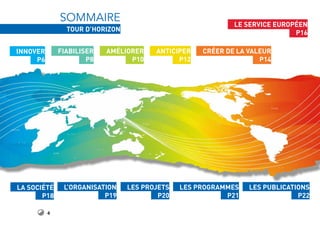 4
SOMMAIRE
Tour d’horizon
INNOVER
p6
Fiabiliser
P8
AMéLIORER
P10
ANTICIPER
P12
CRéer de la valeur
p14
Le service européen
p16
LA société
p18
L’Organisation
P19
Les Projets
P20
Les Programmes
P21
Les PUBLICATIONS
P22
 