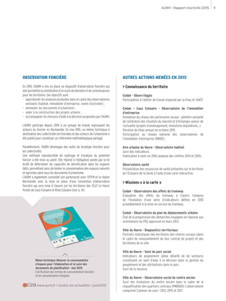 AURH - Rapport d’activité 2015 11
AUTRES ACTIONS MENÉES EN 2015
> Connaissance du territoire
Codah - Observ’Agglo
Participation à l’atelier de travail organisé par la Fnau et l’AdCF.
Codah – Caux Estuaire - Observatoire de l’immobilier
d’entreprise
Animation du réseau des partenaires locaux : plénière annuelle
de restitution des résultats du marché et d’échanges autour de
l’actualité (projets d’aménagement, évolutions législatives…).
Parution du bilan annuel en octobre 2015.
Participation au réseau national des observatoires de
l’immobilier d’entreprise (RNOIE).
Aire urbaine du Havre - Observatoire habitat
Suivi des indicateurs.
Publication à venir en 2016 (analyse des chiffres 2014 et 2015).
Observatoire santé
Présentation des ressources de santé présentes sur le territoire
de l’Estuaire de la Seine à l’aide d’une carte interactive.
> Missions « à la carte »
Codah - Observatoire des effets du tramway
Évaluation des effets du tramway à travers l’analyse
de l’évolution d’une série d’indicateurs définis en 2010
préalablement à la mise en service du tramway.
Codah - Observatoire du plan de déplacements urbains
État de la progression des démarches engagées en réponse aux
orientations du PDU approuvé en mars 2013.
Ville du Havre - Diagnostics territoriaux
Portraits statistiques des territoires des centres sociaux (dans
le cadre du renouvellement de leur contrat de projet) et des
territoires de la ville.
Ville du Havre - Suivi du parc social
Indicateurs de peuplement (atlas détaillé de 66 secteurs)
constituant un outil d’aide à la décision dans la gestion du
peuplement et des attributions dans le parc.
Suivi de la vacance.
Ville du Havre - Observatoire social du centre ancien
Suivi des évolutions du centre ancien dans le cadre de la
requalification des quartiers centraux (PNRQAD). L’observatoire
comprend 3 phases de suivi : 2013, 2015 et 2017.
OBSERVATION FONCIÈRE
En 2015, l’AURH a mis en place un dispositif d’observation foncière qui
doitpermettrelaconstitutiond’unsoclededonnéesetdeconnaissances
pour les territoires. Ses objectifs sont :
-- approfondirlesanalysesproduitesdanslecadredesobservatoires
existants (habitat, immobilier d’entreprise, zones d’activités) ;
-- alimenter les documents d’urbanisme ;
-- aider à la construction des projets urbains ;
-- accompagnerlesmissionsd’aideàladécisionproposéesparl’AURH.
L’AURH participe depuis 2014 à un groupe de travail regroupant les
acteurs du foncier en Normandie. En mai 2015, un mémo technique à
destinationdescollectivitésterritorialesetdesacteursdel’urbanismea
été publié pour constituer un référentiel méthodologique partagé.
Parallèlement, l’AURH développe des outils de stratégie foncière pour
les collectivités.
Une méthode reproductible de repérage et d’analyse du potentiel
foncier a été mise au point. Elle répond à l’obligation posée par la loi
ALUR de déterminer les capacités de densification dans les espaces
bâtis, permettant ainsi de limiter la consommation des espaces naturels
et agricoles dans tous les documents d’urbanisme.
L’AURH a également consolidé son partenariat avec l’EPFN et la région
Normandie avec la mise en place d’une convention d’observation
foncière qui sera mise à l’œuvre sur les territoires des SCoT Le Havre
Pointe de Caux Estuaire et Risle Estuaire (voir p. 14).
Mémo technique Mesurer la consommation
d’espace pour l’élaboration et le suivi des
documents de planification - mai 2015
Clarification des termes de consommation foncière
et de consommation d’espace
www.aurh.fr > toutes les actualités > juin2015INFOS
 