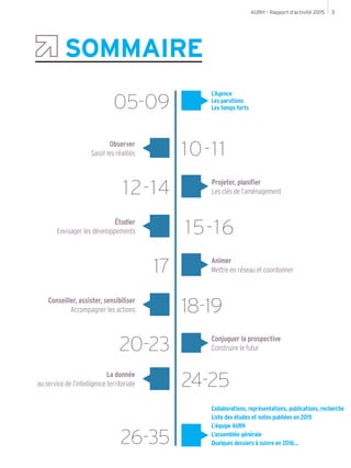 AURH - Rapport d’activité 2015 3
SOMMAIRE
Projeter, planifier
Les clés de l’aménagement
Étudier
Envisager les développements
Animer
Mettre en réseau et coordonner
Conseiller, assister, sensibiliser
Accompagner les actions
Conjuguer la prospective
Construire le futur
Collaborations, représentations, publications, recherche
Liste des études et notes publiées en 2015
L’équipe AURH
L’assemblée générale
Quelques dossiers à suivre en 2016...
La donnée
au service de l’intelligence territoriale
L’Agence
Les parutions
Les temps forts
Observer
Saisir les réalités
20-23
12-14
15-16
17
18-19
24-25
26-35
10-11
05-09
 