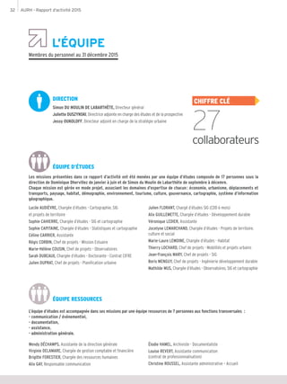 AURH - Rapport d’activité 201532
L’ÉQUIPE
CHIFFRE CLÉ
27
collaborateurs
Wendy DÉCHAMPS, Assistante de la direction générale
Virginie DELAMARE, Chargée de gestion comptable et financière
Brigitte FORESTIER, Chargée des ressources humaines
Alix GAY, Responsable communication
Élodie HAMEL, Archiviste - Documentaliste
Louise REVERT, Assistante communication
(contrat de professionnalisation)
Christine ROUSSEL, Assistante administrative – Accueil
Lucile AUDIÈVRE, Chargée d’études - Cartographie, SIG
et projets de territoire
Sophie CAHIERRE, Chargée d’études - SIG et cartographie
Sophie CAPITAINE, Chargée d’études - Statistiques et cartographie
Céline CARRIER, Assistante
Régis CORBIN, Chef de projets - Mission Estuaire
Marie-Hélène COUSIN, Chef de projets - Observatoires
Sarah DUBEAUX, Chargée d’études - Doctorante - Contrat CIFRE
Julien DUPRAT, Chef de projets - Planification urbaine
Julien FLORANT, Chargé d’études SIG (CDD 6 mois)
Alix GUILLEMETTE, Chargée d’études - Développement durable
Véronique LEDIER, Assistante
Jocelyne LEMARCHAND, Chargée d’études - Projets de territoire,
culture et social
Marie-Laure LEMOINE, Chargée d’études - Habitat
Thierry LOCHARD, Chef de projets - Mobilités et projets urbains
Jean-François MARY, Chef de projets - SIG
Boris MENGUY, Chef de projets - Ingénierie développement durable
Mathilde MUS, Chargée d’études - Observatoires, SIG et cartographie
ÉQUIPE D’ÉTUDES
Membres du personnel au 31 décembre 2015
DIRECTION
Simon DU MOULIN DE LABARTHÈTE, Directeur général
Juliette DUSZYNSKI, Directrice adjointe en charge des études et de la prospective
Jessy OUKOLOFF, Directeur adjoint en charge de la stratégie urbaine
ÉQUIPE RESSOURCES
Les missions présentées dans ce rapport d’activité ont été menées par une équipe d’études composée de 17 personnes sous la
direction de Dominique Dhervillez de janvier à juin et de Simon du Moulin de Labarthète de septembre à décemre.
Chaque mission est gérée en mode projet, associant les domaines d’expertise de chacun : économie, urbanisme, déplacements et
transports, paysage, habitat, démographie, environnement, tourisme, culture, gouvernance, cartographie, système d’information
géographique.
L’équipe d’études est accompagnée dans ses missions par une équipe ressources de 7 personnes aux fonctions transversales   :
- communication / événementiel,
- documentation,
- assistance,
- administration générale.
 