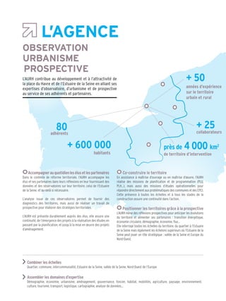 L’AGENCE
collaborateurs
+ 25
Combiner les échelles
Quartier, commune, intercommunalité, Estuaire de la Seine, vallée de la Seine, Nord-Ouest de l’Europe
Assembler les domaines d’expertise
Démographie, économie, urbanisme, aménagement, gouvernance, foncier, habitat, mobilités, agriculture, paysage, environnement,
culture, tourisme, transport, logistique, cartographie, analyse de données…
L’AURH contribue au développement et à l’attractivité de
la place du Havre et de l’Estuaire de la Seine en alliant ses
expertises d’observatoire, d’urbanisme et de prospective
au service de ses adhérents et partenaires.
URBANISME
PROSPECTIVE
OBSERVATION
Accompagnerauquotidienlesélusetlespartenaires
Dans le contexte de réforme territoriale, l’AURH accompagne les
élus et ses partenaires dans leurs réflexions en leur fournissant des
données et des observatoires sur leur territoire, celui de l’Estuaire
de la Seine, et au-delà si nécessaire.
L’analyse issue de ces observatoires permet de fournir des
diagnostics des territoires, mais aussi de réaliser un travail de
prospective pour élaborer des stratégies territoriales.
L’AURH est présente durablement auprès des élus, elle assure une
continuité, de l’émergence des projets à la réalisation des études en
passant par la planification, et jusqu’à la mise en œuvre des projets
d’aménagement.
Co-construire le territoire
En assistance à maîtrise d’ouvrage ou en maîtrise d’œuvre, l’AURH
réalise des missions de planification et de programmation (PLU,
PLH…), mais aussi des missions d’études opérationnelles pour
répondre directement aux problématiques des communes et des EPCI.
Cette présence à toutes les échelles et à tous les stades de la
construction assure une continuité dans l’action.
Positionner les territoires grâce à la prospective
L’AURH mène des réflexions prospectives pour anticiper les évolutions
du territoire et alimenter ses partenaires : transition énergétique,
économie circulaire, démographie, économie, flux…
Elle interroge toutes les échelles du territoire, du quartier à l’Estuaire
de la Seine mais également les échelons supérieurs où l’Estuaire de la
Seine peut jouer un rôle stratégique : vallée de la Seine et Europe du
Nord-Ouest.
adhérents
80
habitants
+ 600 000
années d’expérience
sur le territoire
urbain et rural
+ 50
de territoire d’intervention
près de 4 000 km2
 