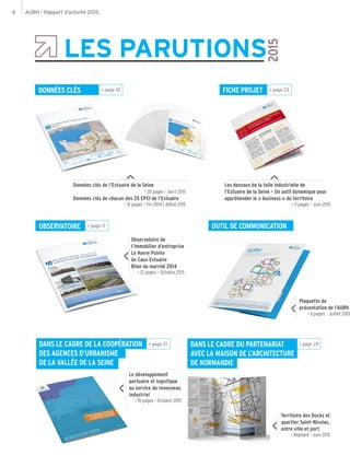 AURH - Rapport d’activité 20156
LES PARUTIONS
Les dessous de la toile industrielle de
l’Estuaire de la Seine – Un outil dynamique pour
appréhender le « business » du territoire
> 4 pages – Juin 2015
DONNÉES CLÉS
OUTIL DE COMMUNICATION
Le développement
portuaire et logistique
au service du renouveau
industriel
> 76 pages - Octobre 2015
Territoire des Docks et
quartier Saint-Nicolas,
entre ville et port
> Dépliant - Juin 2015
Plaquette de
présentation de l’AURH
> 6 pages – Juillet 2015
Observatoire de
l’immobilier d’entreprise
Le Havre Pointe
de Caux Estuaire
Bilan du marché 2014
> 12 pages – Octobre 2015
Données clés de l’Estuaire de la Seine
> 20 pages – Avril 2015
Données clés de chacun des 25 EPCI de l’Estuaire
> 12 pages – Fin 2014 / début 2015
> page 10
DANS LE CADRE DE LA COOPÉRATION
DES AGENCES D’URBANISME
DE LA VALLÉE DE LA SEINE
> page 21
FICHE PROJET > page 23
OBSERVATOIRE > page 11
> page 29DANS LE CADRE DU PARTENARIAT
AVEC LA MAISON DE L’ARCHITECTURE
DE NORMANDIE
2015
 