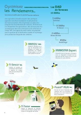 42
Conseille tout au long de la campagne
avec un diagnostic complet de vos
parcelles de blé, orge et colza à l’aide
de prises de vues satellites.
FARMSTAR Expert
Réalise un diagnostic de nutrition
azotée avec une mesure optique de la
teneur en chlorophylle des feuilles.
N-Tester
Positif®
AGRI
Permet de suivre l’évolution des
maladies dans vos parcelles de
blé grâce à un outil connecté sur
PC ou smartphone.
Analyse la biomasse et le
taux de chlorophylle afin
d’obtenir un conseil et
d’optimiser vos apports
d’azote grâce à un vrai
tour de plaine vu du ciel.
AIRINOV
Les OAD
de Ternoveo
3 400ha
Farmstar
8 300ha
N-Sensor
2 400ha
Drone Airinov
850ha
Positif Agri
15 000ha
Calcule et module en
instantané la dose d’azote
à apporter en chaque
point de la parcelle de blé
ou d’orge.
N-Sensor
Une agriculture durable requiert des pratiques
agricoles conciliant rendement et préservation
de l’environnement. Afin d’optimiser au mieux les
programmes de protection des cultures, Ternoveo met
à la disposition des agriculteurs, des services pour les
accompagner dans leurs décisions et les informer en
temps réel. Une approche multi-outils est proposée
pour la gestion de la fertilisation azotée et le pilotage
de la protection fongicide des céréales.
Services et outils pour la protection des cultures
Une agriculture durable requiert des pratiques agricoles conciliant
rendement et préservation de l’environnement. Afin d’optimiser au mieux
vos programmes de protection des cultures, TERNOVEO met à votre
disposition des services pour vous accompagner dans vos décisions et
vous informer en temps réel. Une approche multi-outils vous est proposée
pour la gestion de la fertilisation azotée et le pilotage de la protection
fongicide des céréales.
Optimisez
les Rendements...
 