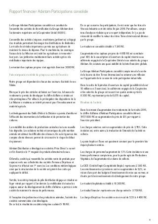 55
Le Groupe Advitam Participations consolidé est constitué de
l’ensemble des activités de diversification du Groupe Advitam dont
l’actionnaire majoritaire est la Coopérative Unéal (80,19%).
L’ensemble des activités (négoces, machinisme, jardineries) a dégagé
des résultats permettant d’envisager des distributions de dividendes.
La récolte de céréales importante a permis aux agriculteurs de
maintenir le niveau de dépense. Pour le machinisme, les avantages
fiscaux de la Loi Macron ont incité les agriculteurs à renouveler
leur parc. Les jardineries maintiennent leurs activités grâce à la
mobilisation importante des équipes.
Le montant des capitaux propres s’est apprécié d’environ 3000 K€.
Faits marquants et activité du groupe au cours de l’exercice
Notre groupe est dépendant de chacun des secteurs d’activité de ses
filiales.
Bien que le prix des céréales ait baissé sur l’exercice, la hausse de
rendement a permis de développer le chiffre d’affaires céréales et
oléo-protéagineux. Par ailleurs, la prolongation des dispositions de la
Loi Macron a maintenu un intérêt prononcé pour l’investissement en
matériel agricole.
Le développement des Outils d’Aide à la Décision a permis d’améliorer
l’efficacité des interventions de fertilisation et de protection des
cultures.
La rentabilité des ateliers de productions animales s’est une nouvelle
fois dégradée. Les solutions technico-économiques du pôle nutrition
animale ont atténué les difficultés des éleveurs. Un suivi rigoureux des
comptes clients éleveurs permet de circonscrire le risque de défaut
de paiement.
Advitam Distribution a développé ses activités. Prise Direct’ a ouvert
en fin d’exercice le 1er
magasin de produits alimentaires locaux.
Chlorodis, société qui rassemble les activités vente de produits pour
espaces verts aux collectivités des sociétés Ternoveo, Dépréaux et
Soprovert a effectué son 1er
exercice. Les conditions météorologiques
ainsi que la structuration de la société ont généré des coûts qui
expliquent le déficit.
Vertdis, la société principale du pôle distribution dégage un résultat en
léger retrait par rapport à l’an dernier. La mobilisation de toutes les
équipes autour du développement du chiffre d’affaires a permis à cette
société de maintenir le niveau de performance.
A l’exception des jardineries et des productions animales, l’activité des
sociétés commerciales s’est développée.
De ce fait, le résultat des sociétés intégrées a atteint 9 116 K€.
En ce qui concerne les participations, il est à noter que les titres de
Vivescia Industries ont été cédés fin juin 2016. Par ailleurs, compte
tenu d’analyses réalisées par un expert indépendant, il n’y a pas de
nécessité de modifier la valeur des titres Tereos Internacional détenus
par le groupe.
Le résultat net consolidé s’établit à 7 245 K€.
L’augmentation des capitaux propres de 4 850 K€ est constituée
pour 40% de la souscription à l’ouverture du capital réservée aux
adhérents engagés de la Coopérative Unéal et aux salariés du groupe
Advitam. On constate une quasi stabilité de la dette financière globale.
Le Groupe Advitam Participations consolidé compte tenu de la sortie
de la bourse du titre Tereos Internacional va entamer une réflexion
sur l’opportunité de la cession de cette participation industrielle.
Dans le cadre de l’opération d’ouverture du capital (possibilité de lever
10 millions en 5 exercices), les adhérents engagés de la Coopérative
et les salariés du groupe ont souscrit en quatre années près de
8 300 K€, représentant près de 6,67% du capital.
Résultats de l’activité
Dans le contexte d’augmentation des rendements de la récolte 2015,
le chiffre d’affaires d’Advitam Participations consolidé s’élève à
747,7 000 K€ en augmentation de près de 12% par rapport à
l’exercice précédent.
Les charges externes sont en augmentation de près de 3,78%. Cette
évolution est, entre autres, la traduction de l’intensité de l’activité en
collecte.
Le poste Impôts et Taxes est quasiment constant pour la première fois
depuis plusieurs années.
Les charges de personnel augmentent de 1,7%. Cette évolution est une
bonne performance compte tenu, pour la partie agricole Productions
Végétales, de l’augmentation du volume de collecte.
Le CICE (Crédit d’Impôt Compétitivité Emploi) représente 2 300 K€.
Les amortissements et provisions sont en augmentation de 9,2%, en
raison d’une part des budgets d’investissement de mise aux normes, et
d’autre part des investissements de développement de notre groupe.
Le résultat d’exploitation s’établit à 16 300 K€.
Le résultat financier représente une charge nette de -3 700 K€.
La charge d’impôt sur les sociétés est en recul de 5,5% à 4 400 K€.
Rapport financier Advitam Participations consolidé
 