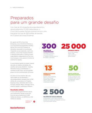 12  visão estratégica
Preparados
para um grande desafio
Com mais de 50 instalações de engarrafamento e
aproximadamente 25 000 colaboradores, a
Coca-Cola European Partners prestará serviço a uma
população de mais de 300 milhões de pessoas
em 13 países da Europa Ocidental.
300 25 000
50
Milhões de
consumidores
170 milhões no território
Coca-Cola Enterprises,
57 milhões no território Ibérico e
80 milhões na Alemanha.
emprego DIRETO
Dos 25 000 empregos
diretos, 4 480
estão no território
Iberian Partners.
13
países da europa
ocidental
Espanha, França, Alemanha,
Reino Unido, Portugal,
Holanda, Bélgica, Noruega,
Suécia, Andorra, Islândia,
Luxemburgo e Mónaco.
instalações de
engarrafamento
Em que se produzem cerca
de 80 000 milhões de litros
de refrigerantes, sumos e
água cada ano.
Em agosto de 2015 a Coca-Cola
Enterprises, Coca-Cola Iberian Partners e
Coca-Cola Erfrischungsgetränke (CCEAG),
filial da The Coca-Cola Company na
Alemanha, alcançaram um acordo para
integrarem as suas operações numa nova
empresa, a Coca-Cola European Partners.
A operação pressupõe a criação da maior
engarrafadora independente da The Coca-
Cola Company a nível global em termos de
rendimentos líquidos.
A nova empresa operará nos quatro maiores
mercados da indústria de bebidas não
alcoólicas da Europa Ocidental – Espanha,
Alemanha, França e Grã-Bretanha – e
converte-se, além disso, num dos grandes
grupos do setor da alimentação na Europa.
Os valores da nova empresa dão uma
clara imagem da sua dimensão: a
macroengarrafadora atenderá mais de 300
milhões de consumidores em 13 países:
Espanha, França, Alemanha, Reino Unido,
Portugal, Holanda, Bélgica, Noruega, Suécia,
Andorra, Islândia, Luxemburgo e Mónaco.
Resultados sólidos
A Coca-Cola European Partners nasceu
com rendimentos líquidos anuais pro
forma de aproximadamente 12 600
milhões de dólares, um EBITDA de 2 100
milhões de dólares
2 500MILHÕES DE CAIXAS UNIDADE
de refrigerantes, sumos e água produzidos e
vendidos nos 13 países que integrarão o território
Coca-Cola European Partners.Continua na
página 14
 
