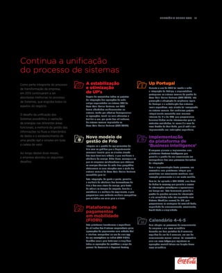 Relatório anual 2015  19
Continua a unificação
do processo de sistemas
Como parte integrante do processo
de transformação da empresa,
em 2015 continuaram a ser
abordadas melhorias no processo
de Sistemas, que engloba todos os
aspetos do negócio.
O desafio da unificação dos
Sistemas possibilitou a captação
de sinergias nas diferentes áreas
funcionais, a melhoria da gestão das
informações no fluxo e intercâmbio
de dados e o estabelecimento de
uma gestão ágil e simples em toda
a cadeia de valor.
Ao longo destes doze meses,
a empresa abordou os seguintes
desafios:
A estabilização
e otimização
de UP's
Depois de executados todos os projetos
de integração das operações de cada
antigo engarrafador no sistema SAP da
Coca-Cola Iberian Partners, em 2015
foram abordados melhoramentos no
sistema, tendo por objetivo homogeneizar
as operações, torná-las mais eficientes e
facilitar o uso, por parte dos utilizadores,
do sistema comum implantado na
Coca-Cola Iberian Partners (SAP CORE).
Up Portugal
Durante o ano de 2015 foi levada a cabo
a integração da Refrige, a engarrafadora
portuguesa no sistema comum de gestão da
Coca-Cola Iberian Partners (SAP CORE). Isto
pressupôs a adaptação às exigências legais
de Portugal e a substituição dos sistemas
locais específicos, cuja missão foi incorporada
no sistema comum. Um ambicioso projeto
integralmente executado com recursos
internos de IT e do BTO, que proporcionou
funcionalidades muito interessantes para as
restantes sociedades, tal como é o caso da
nova Gestão da Qualidade, que já está a ser
implementada nas instalações espanholas.
Novo modelo de
gestão de Frio
Integrou-se a gestão de equipamentos de
Frio com os pedidos que o departamento
comercial tramita para os clientes através
dos seus terminais móveis, o que melhorou a
eficiência do serviço. Além disso, conseguiu-se
que as empresas colaboradoras que efetuam
os serviços técnicos de cada área geográfica
efetuassem as suas atuações com a ajuda do
sistema comum da Coca-Cola Iberian Partners
concebido para tal.
Esta integração, de ponta a ponta, permitiu
a melhoria da eficiência dos fornecedores de
Frio e dos seus níveis de serviço, pelo facto
de reduzir os tempos de resposta, facultar a
assistência e a melhoria do seguimento, o que
proporciona uma evidente melhoria competitiva
que se traduz em valor para o cliente.
Implementação
da plataforma de
'Business Intelligence'
A empresa planeou e implementou uma
plataforma Business Intelligence que
permitiu a gestão do seu crescimento em
consequência dos seus processos derivados
da integração.
Para a implementação deste processo, era
necessária uma plataforma integral que
permitisse um crescimento contínuo, uma
inovação permanente e a um custo contido.
Para tal, foi aplicada a SAP HANA, uma Base
de Dados in-memory que permite o acesso
às informações estratégicas e operacionais
em tempo real. Esta ferramenta permitiu a
gestão de grandes volumes de informação
a alta velocidade; tudo isto suportado num
Sistema Cloud (na nuvem) da IBM, que
proporcionou as vantagens de escalabilidade,
capacidade de armazenamento, crescimento,
flexibilidade e simplicidade.
Plataforma de
pagamentos
em mobilidade
(FIORI)
Esta plataforma transformou a experiência
de utilizador dos diretores responsáveis pelas
aprovações de pagamentos num método fácil
e intuitivo, comparável ao uso de uma app
do seu smartphone ou tablet (SAP FIORI).
Também serviu para fortalecer e simplificar
todas as operações do workflow a cargo do
pessoal da Tesouraria e Payment Factory.
Calendário 4-4-5
Para adaptar os processos de encerramento
da empresa a um novo calendário
baseado em dois períodos de 4 semanas
seguidos de um de 5 semanas, em vez do
encerramento mensal natural, foi necessário
criar um novo ledger que registasse as
operações contabilísticas em função desse
novo calendário.
 