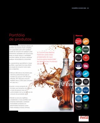 Relatório anual 2015  35
A Coca-Cola Iberian
Partners está mais
preparada do que
nunca para responder
às tendências mutáveis
do consumo
Portfólio
de produtos
A Coca-Cola Iberian Partners oferece um
portfólio de produtos muito completo,
com capacidade para cobrir qualquer
ocasião de consumo em qualquer canal.
Oferecemos variedades sem açúcar para
todas as nossas marcas, e variedades
com/sem cafeína, de forma a satisfazer
qualquer necessidade do consumidor.
As características que definem o nosso
portfólio, e que fazem da nossa oferta
uma opção de consumo muito vasta,
são as seguintes:
•	Oferecer alternativas de produto para
cobrirmos praticamente todas as
ocasiões de consumo (VR 350 para
refeições, PET 500 para consumo
imediato, litro e 2 litros para consumo
em casa, etc.).
•	Ajustar a nossa proposta de
formatos aos tamanhos de compra
e níveis de preços mais em
conformidade com as tendências de
consumo da sociedade atual.
•	Atender as procuras regionais,
completando o nosso portfólio com
propostas destinadas a satisfazer
necessidades existentes em
determinados territórios (como
Fanta morango e Schuss citrinos).
Marcas
Marcas registradas de “The Coca-Cola Company”. Nestea es una marca registrada de Société des Produits Nestlé S.A. licenciado a Beverage Partners Worldwide (Europa) A.G. Aquarius es una marca registrada de “The Coca-Cola Company”. Alimento complementario para deportistas. Con sales minerales. Aquarius Libre: Aquarius es una marca registrada de “The Coca-Cola C
Seagram´s y el escudo característico de Seagram´s son marcas registradas de LDI (Cayman) Ltd. y son utilizadas bajo licencia. Burn es una marca registrada de The Coca-Cola Company. Contenido elevado de cafeína. No recomendado para niños, mujeres embarazadas o en periodo de lactancia (32 mg de cafeína/100 ml). Consumir Moderadamente. Burn Coffee Energy Drin
as_100x10.pdf 1 11/5/15 18:17
ompany”. Nestea es una marca registrada de Société des Produits Nestlé S.A. licenciado a Beverage Partners Worldwide (Europa) A.G. Aquarius es una marca registrada de “The Coca-Cola Company”. Alimento complementario para deportistas. Con sales minerales. Aquarius Libre: Aquarius es una marca registrada de “The Coca-Cola Company”. Bebida refrescante aromatizada.
de Seagram´s son marcas registradas de LDI (Cayman) Ltd. y son utilizadas bajo licencia. Burn es una marca registrada de The Coca-Cola Company. Contenido elevado de cafeína. No recomendado para niños, mujeres embarazadas o en periodo de lactancia (32 mg de cafeína/100 ml). Consumir Moderadamente. Burn Coffee Energy Drink contiene 35% de leche semidesnatada.
rca registrada de Société des Produits Nestlé S.A. licenciado a Beverage Partners Worldwide (Europa) A.G. Aquarius es una marca registrada de “The Coca-Cola Company”. Alimento complementario para deportistas. Con sales minerales. Aquarius Libre: Aquarius es una marca registrada de “The Coca-Cola Company”. Bebida refrescante aromatizada.
gistradas de LDI (Cayman) Ltd. y son utilizadas bajo licencia. Burn es una marca registrada de The Coca-Cola Company. Contenido elevado de cafeína. No recomendado para niños, mujeres embarazadas o en periodo de lactancia (32 mg de cafeína/100 ml). Consumir Moderadamente. Burn Coffee Energy Drink contiene 35% de leche semidesnatada.
Marcas registradas de “The Coca-Cola Company”. Nestea es una marca registrada de Société des Produits Nestlé S.A. licenciado a Beverage Partners Worldwide (Europa) A.G. Aquarius es una marca registrada de “The Coca-Cola Company”. Alimento complementario para deportistas. Con sales minerales. Aquarius Libre: Aquarius es una marca reg
Seagram´s y el escudo característico de Seagram´s son marcas registradas de LDI (Cayman) Ltd. y son utilizadas bajo licencia. Burn es una marca registrada de The Coca-Cola Company. Contenido elevado de cafeína. No recomendado para niños, mujeres embarazadas o en periodo de lactancia (32 mg de cafeína/100 ml). Consumir Moderadamen
C
M
Y
CM
MY
CY
CMY
K
tira_de_marcas_100x10.pdf 1 11/5/15 18:17
es Produits Nestlé S.A. licenciado a Beverage Partners Worldwide (Europa) A.G. Aquarius es una marca registrada de “The Coca-Cola Company”. Alimento complementario para deportistas. Con sales minerales. Aquarius Libre: Aquarius es una marca registrada de “The Coca-Cola Company”. Bebida refrescante aromatizada.
Ltd. y son utilizadas bajo licencia. Burn es una marca registrada de The Coca-Cola Company. Contenido elevado de cafeína. No recomendado para niños, mujeres embarazadas o en periodo de lactancia (32 mg de cafeína/100 ml). Consumir Moderadamente. Burn Coffee Energy Drink contiene 35% de leche semidesnatada.
s Produits Nestlé S.A. licenciado a Beverage Partners Worldwide (Europa) A.G. Aquarius es una marca registrada de “The Coca-Cola Company”. Alimento complementario para deportistas. Con sales minerales. Aquarius Libre: Aquarius es una marca registrada de “The Coca-Cola Company”. Bebida refrescante aromatizada.
td. y son utilizadas bajo licencia. Burn es una marca registrada de The Coca-Cola Company. Contenido elevado de cafeína. No recomendado para niños, mujeres embarazadas o en periodo de lactancia (32 mg de cafeína/100 ml). Consumir Moderadamente. Burn Coffee Energy Drink contiene 35% de leche semidesnatada.
 