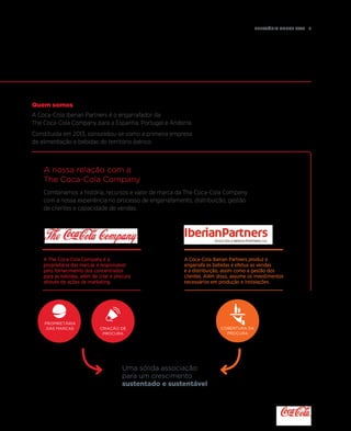 Relatório anual 2015  7
Combinamos a história, recursos e valor de marca da The Coca-Cola Company
com a nossa experiência no processo de engarrafamento, distribuição, gestão
de clientes e capacidade de vendas.
A nossa relação com a
The Coca-Cola Company
A Coca-Cola Iberian Partners produz e
engarrafa as bebidas e efetua as vendas
e a distribuição, assim como a gestão dos
clientes. Além disso, assume os investimentos
necessários em produção e instalações.
Proprietária
das marcas
A The Coca-Cola Company é a
proprietária das marcas e responsável
pelo fornecimento dos concentrados
para as bebidas, além de criar a procura
através de ações de marketing.
Uma sólida associação
para um crescimento
sustentado e sustentável
A Coca-Cola Iberian Partners é o engarrafador da
The Coca-Cola Company para a Espanha, Portugal e Andorra.
Constituída em 2013, consolidou-se como a primeira empresa
de alimentação e bebidas do território ibérico.
Quem somos
Criação de
procura
Cobertura da
procura
 